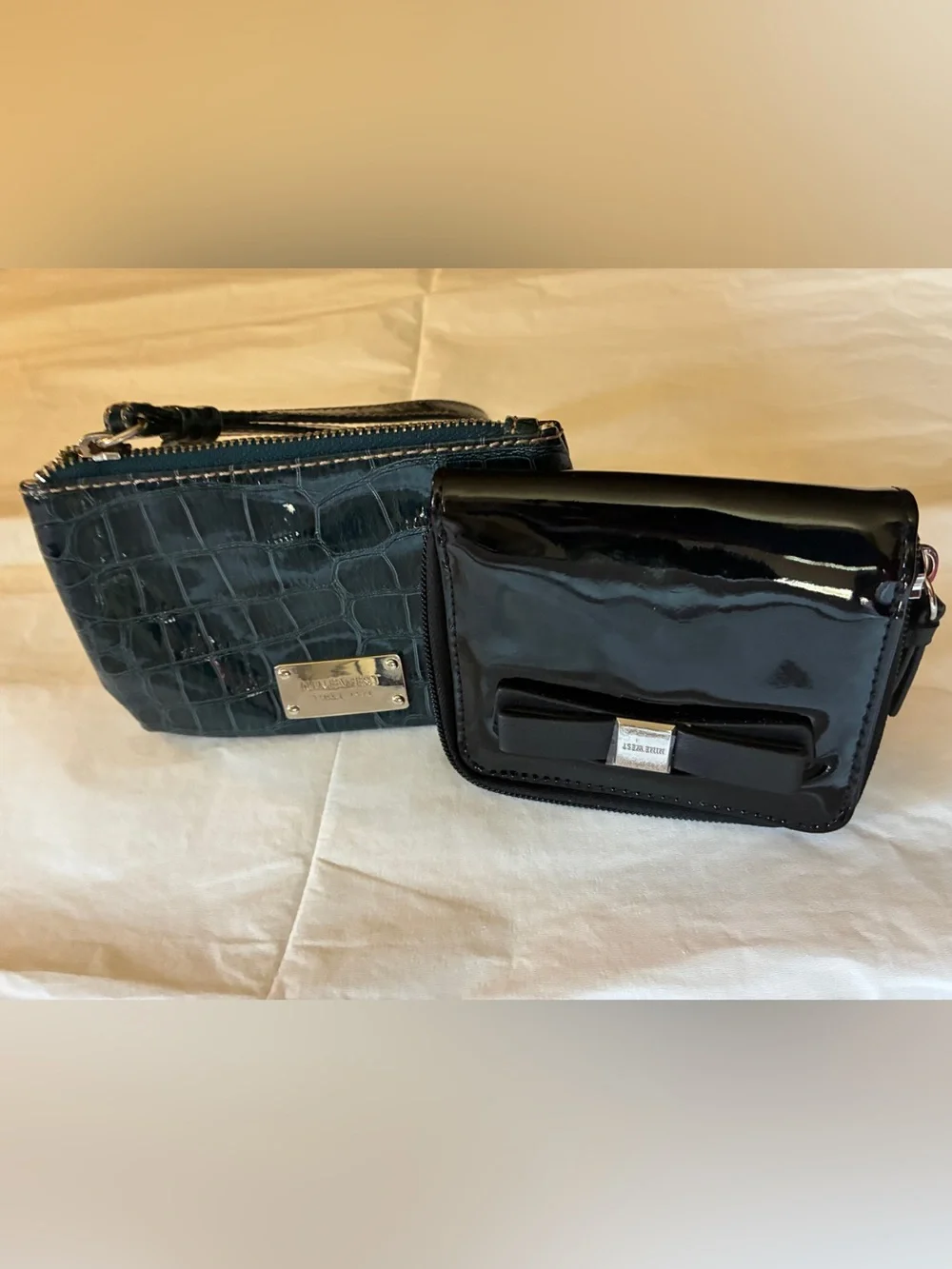 Nine West Set: Croc Embossed Teal Wristlet & Glossy Black Bow Wallet